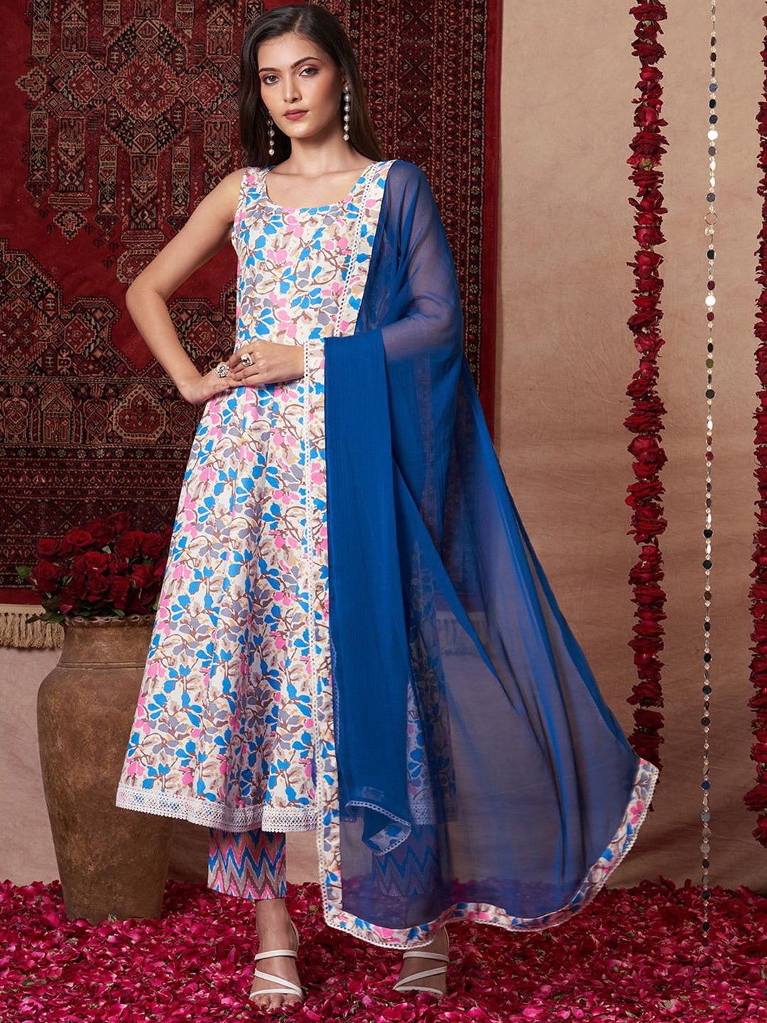 

Anni Designer Floral Printed Round-Neck Panelled Kurta With Trouser & Dupatta, Blue