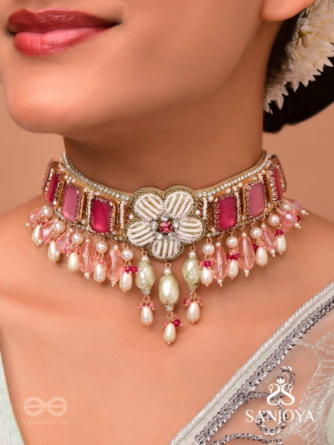 

EVERSTYLISH Sanjoya Stone, Beads, Glass & Pearl Drops Embroidered Choker Neckpiece, Multi