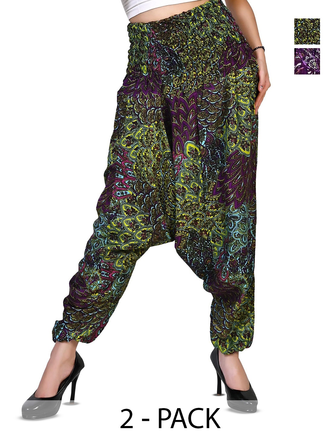 

NarNari Women Pack Of 2 Printed Loose Fit Harem Pants, Green