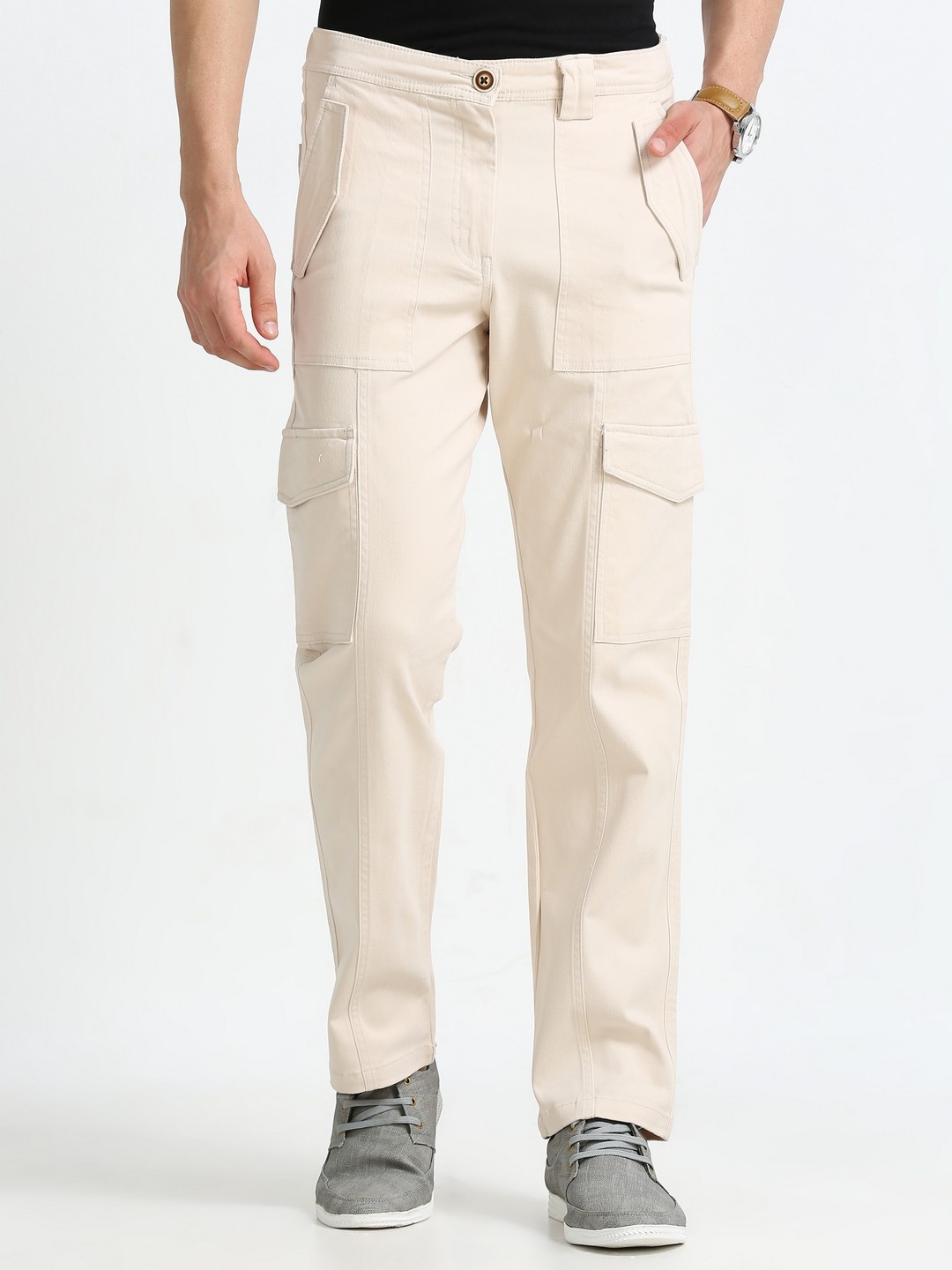 

NEVER NEUD Men Relaxed Straight Fit Cargos Trousers, Cream