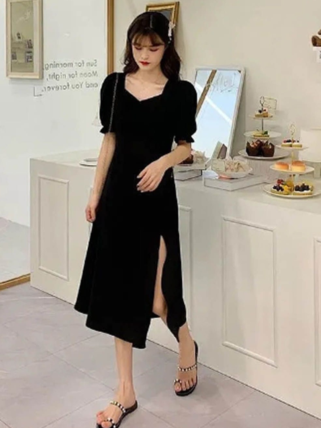

StyleCast Women Solid Puff Sleeve A-Line Midi Dress, Black