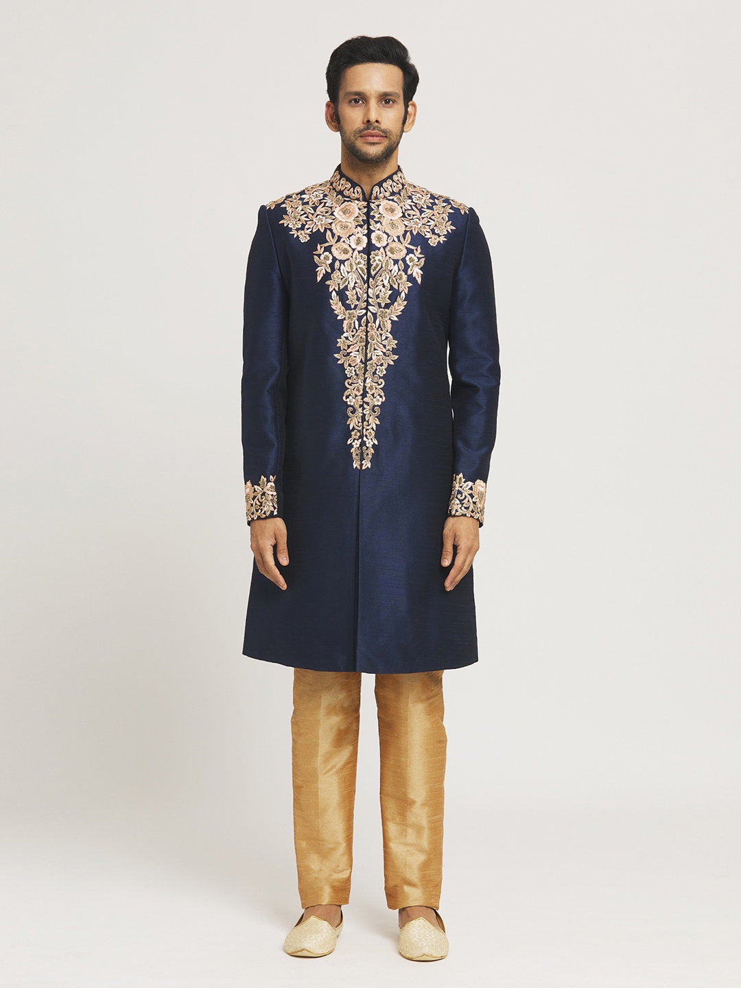 

Aryavir Malhotra Floral Embroidered Silk Sherwani Set, Blue