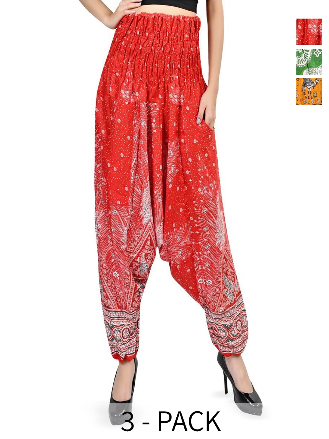 

NarNari Women Pack Of 3 Printed Harem Pants, Red