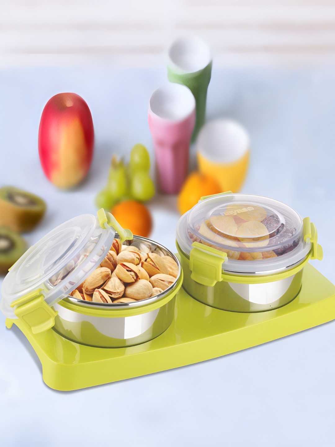 

Nayasa Set Of 2 Green Dry Fruit Containers With Tray 450 ML