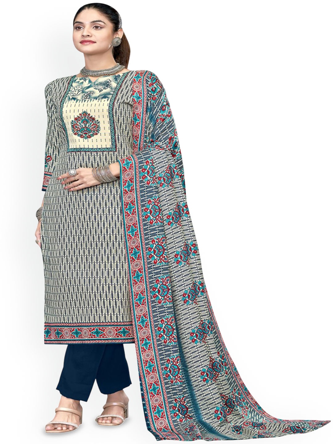 

DRAVINAM Trends Geometric Printed Pashmina Unstitched Dress Material, Blue