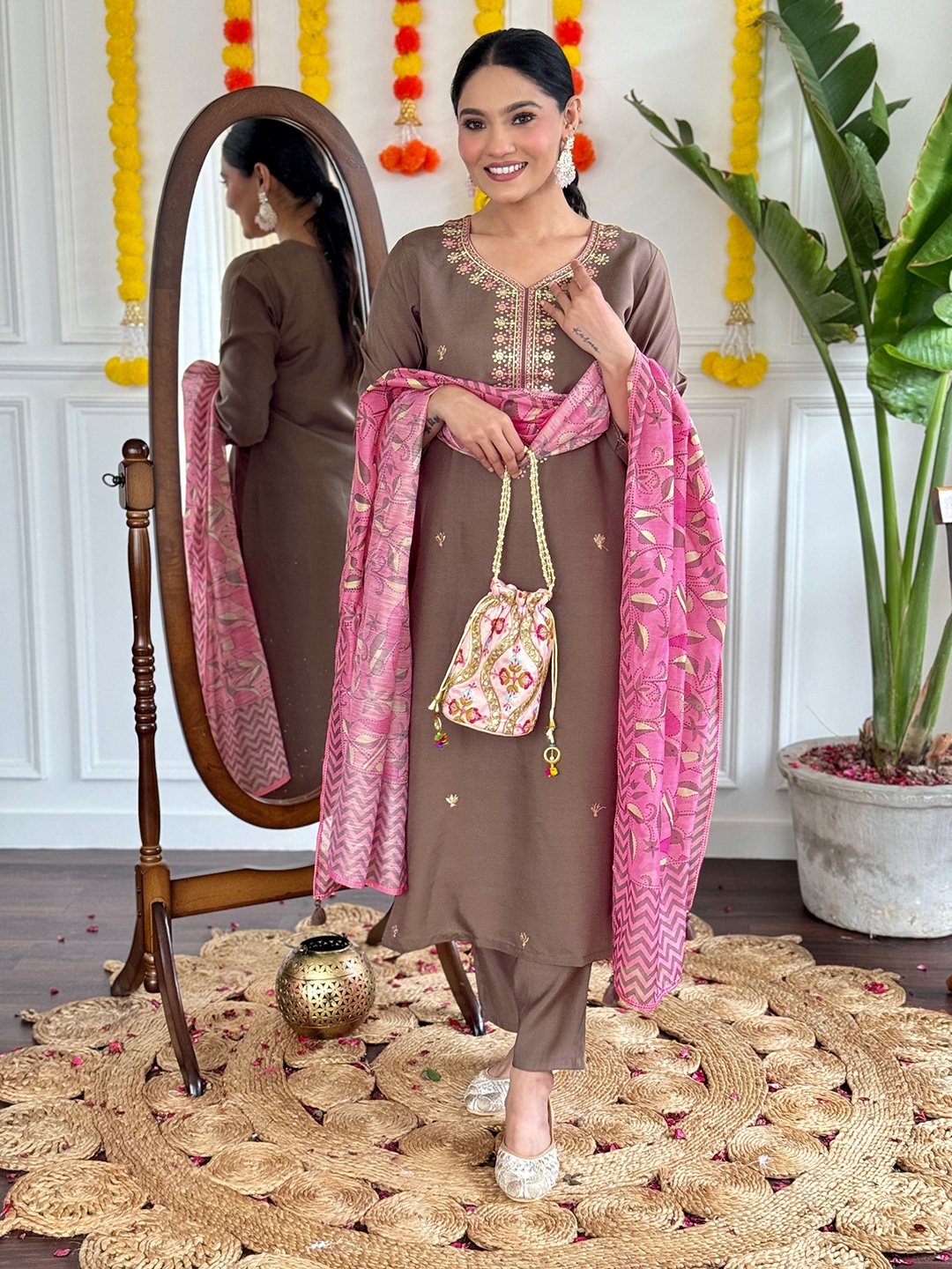 

KALINI Women Floral Embroidered Regular Chanderi Silk Kurta with Trousers & With Dupatta, Coffee brown