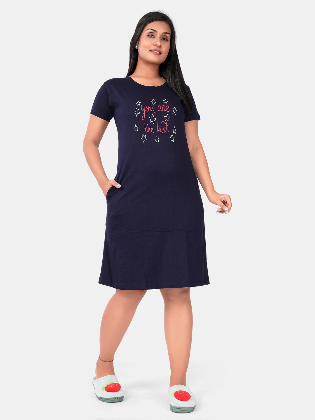 

SWEET MOON Typography Printed Midi Nightdress, Navy blue