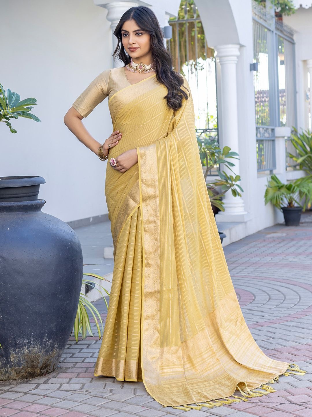 

Saree mall Woven Design Zari Kanjeevaram Saree, Yellow