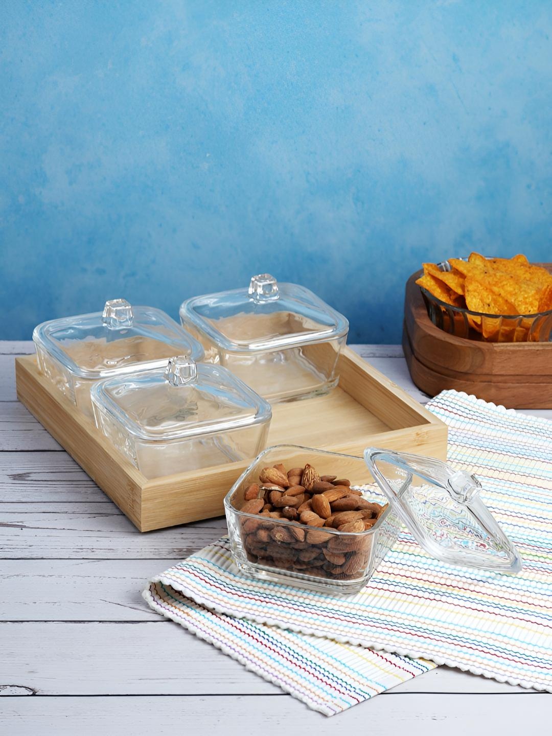 

Aura Transparent & Beige 4 Pieces Glass Safe Serving Bowls With Wooden Tray-240 ml Each