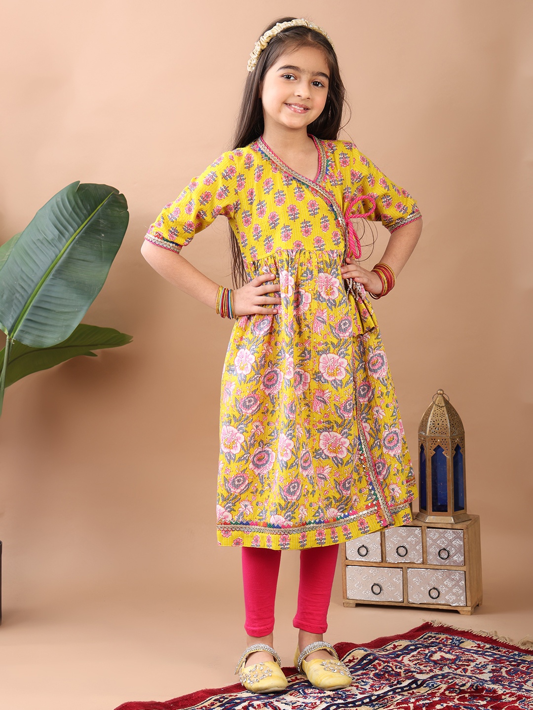 

Here&Now X Kinder Kids Girls Floral Printed Angrakha Pure Cotton Kurti, Yellow