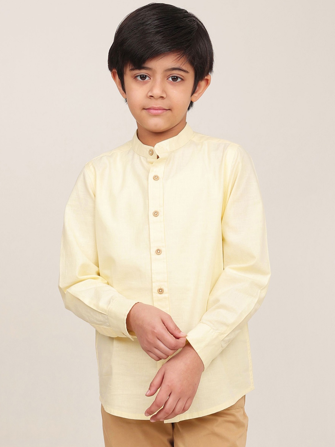 

Campana Boys Mandarin Collar Solid Cotton Shirt, Yellow