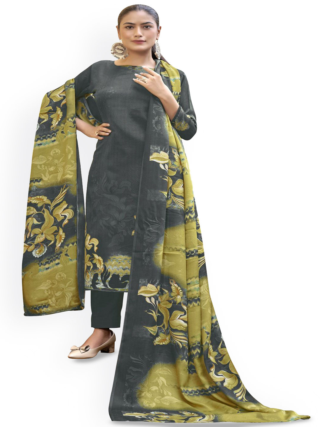 

DRAVINAM Trends Floral Printed Pashmina Unstitched Dress Material, Grey