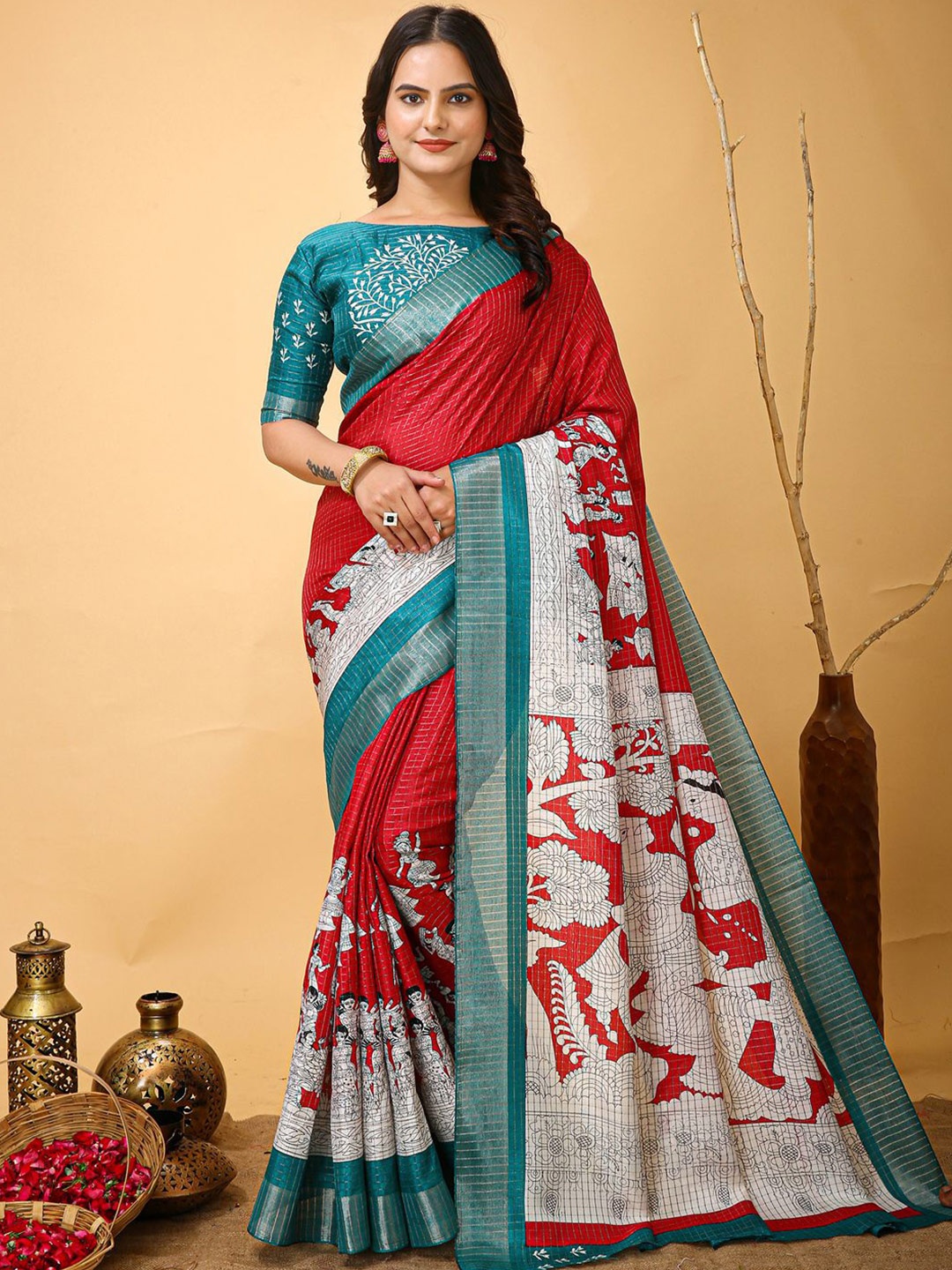 

Anouk Rustic Kalamkari Zari Sungudi Saree, Red