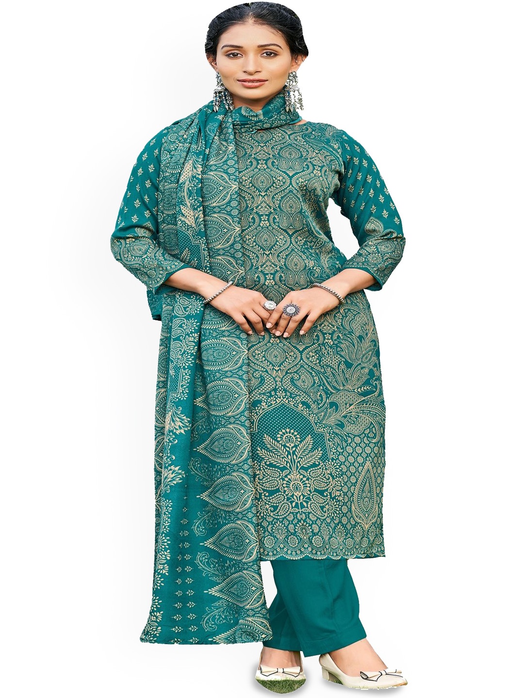 

DRAVINAM Trends Ethnic Motifs Printed Pashmina Unstitched Dress Material, Blue