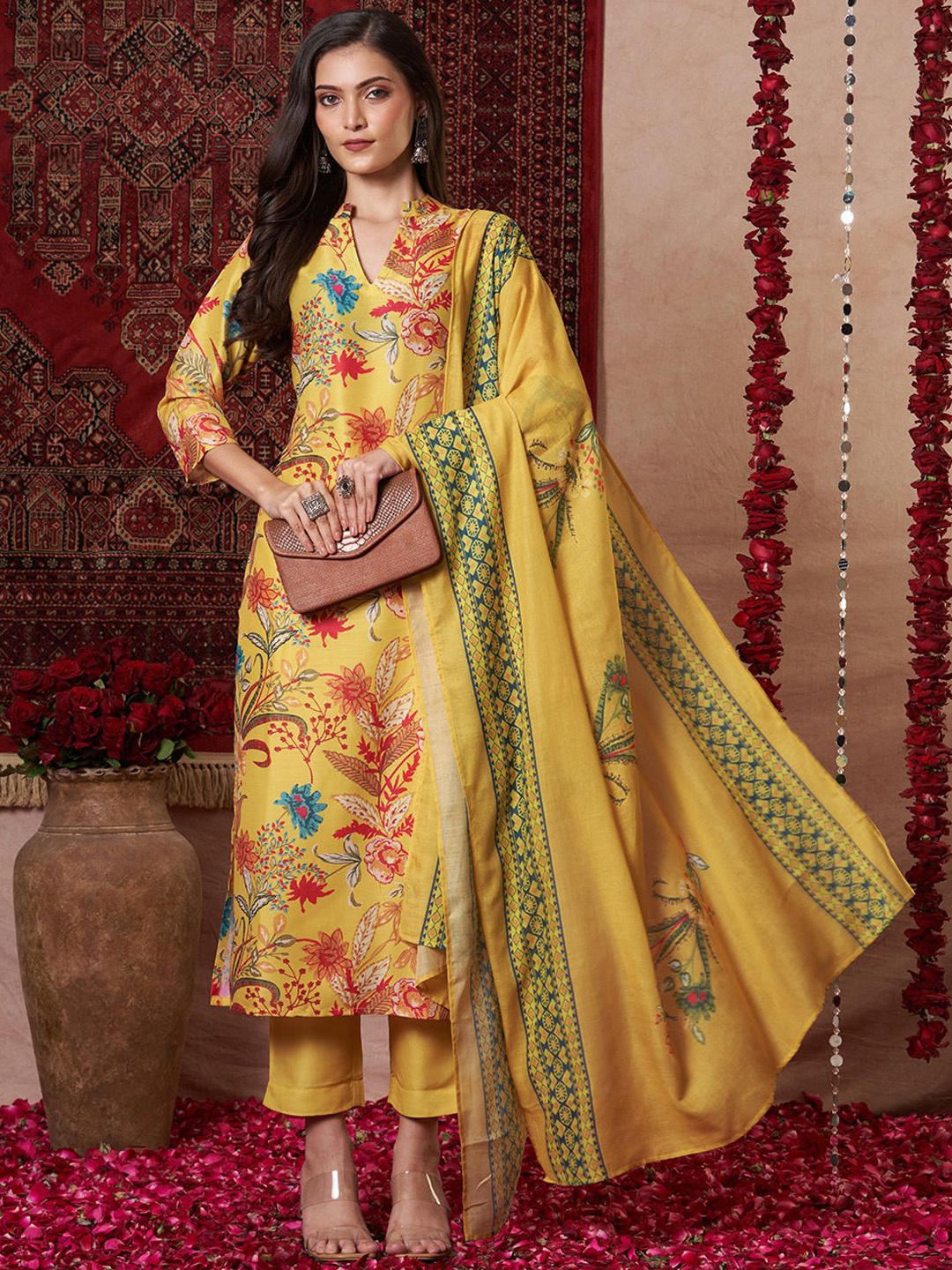 

GoSriKi Pubani Floral Printed Mandarin Collar Straight Kurta With Trousers & Dupatta, Mustard