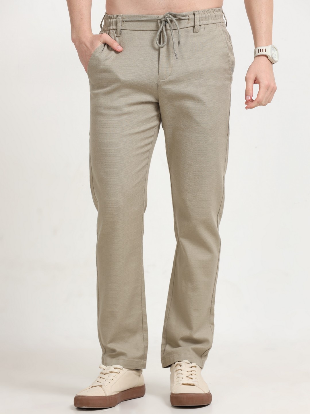 

NEVER NEUD Men Relaxed Fancy Linen Trousers, Khaki