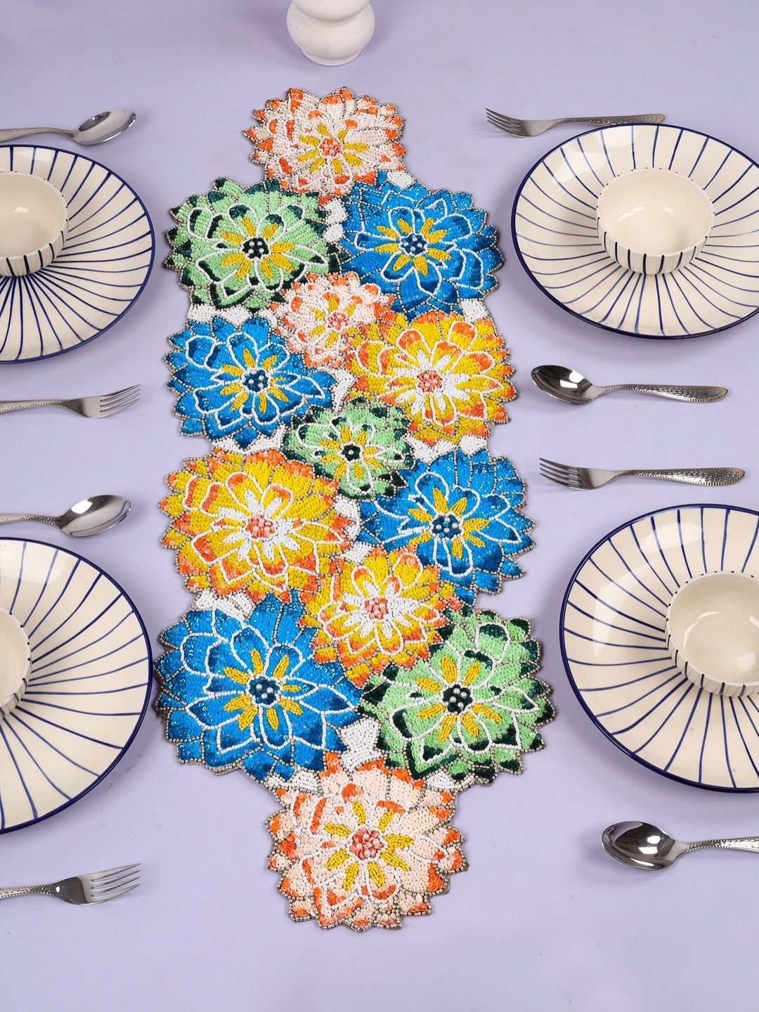 

YWULY Blue & Yellow Floral Beaded Dining Table Runner