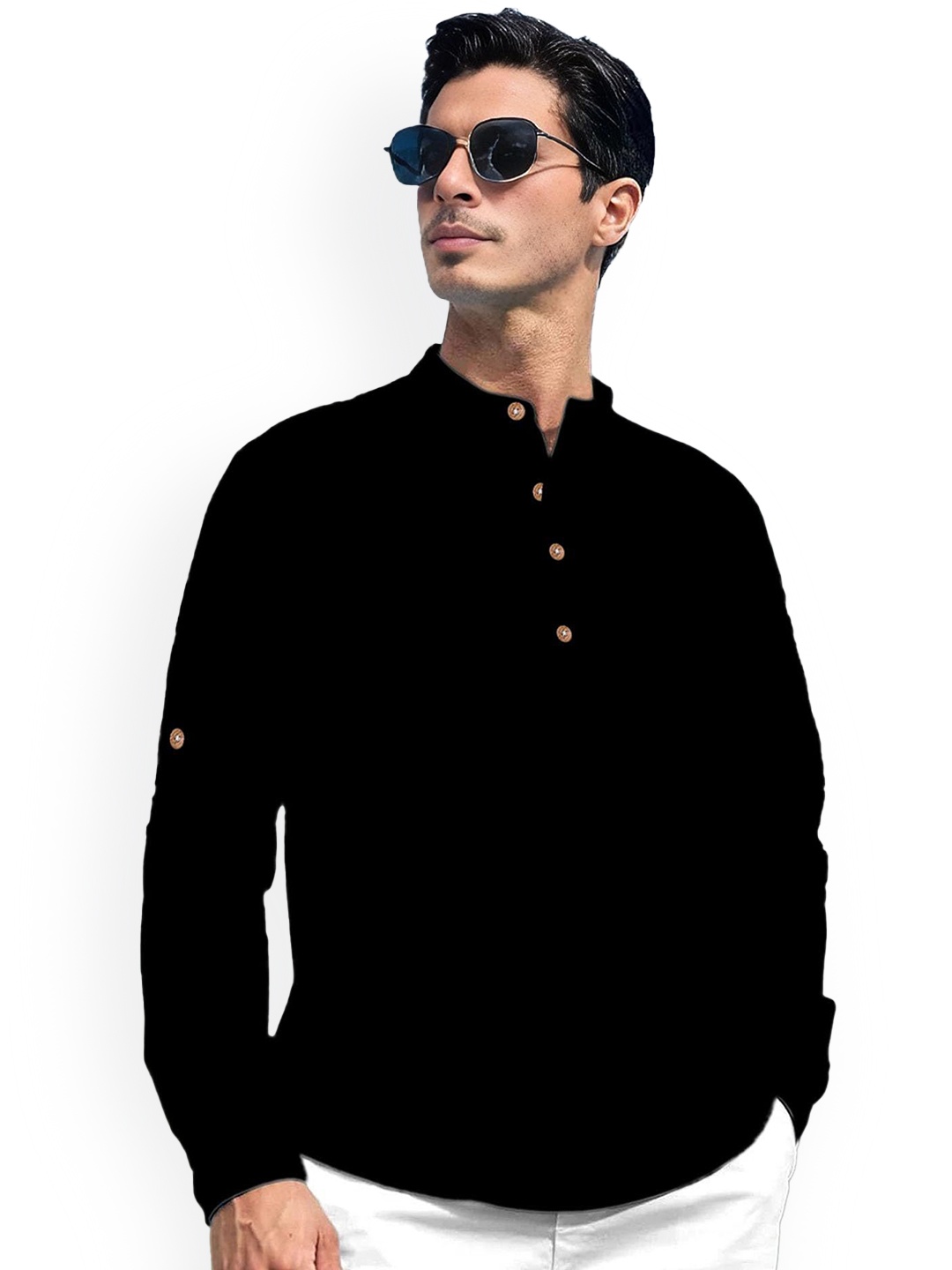 

Vida Loca Band Collar Pure Cotton Straight Kurta, Black