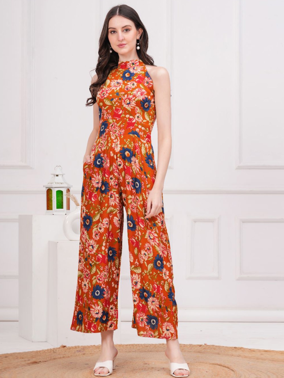 

KALINI Halter Neck Printed Basic Jumpsuit, Orange