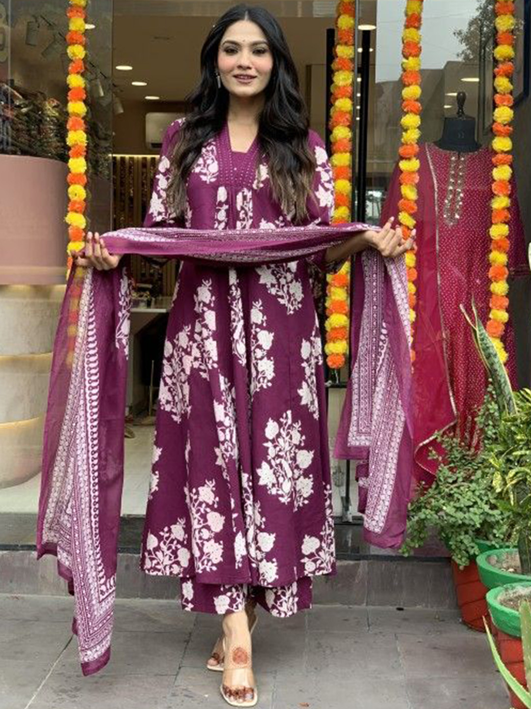 

Moda Rapido Floral Printed Yoke Design Pure Cotton A-Line Kurta With Trousers And Dupatta, Maroon