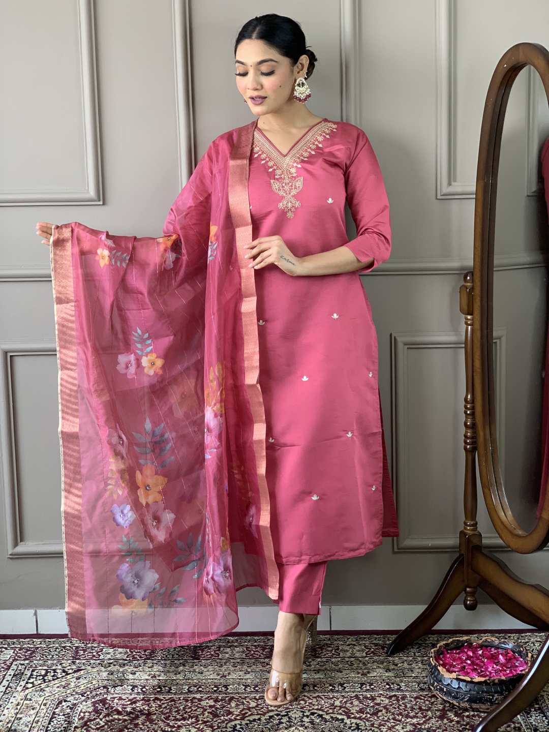 

Moda Rapido Floral Embroidered Straight Kurta With Trousers And Dupatta, Pink