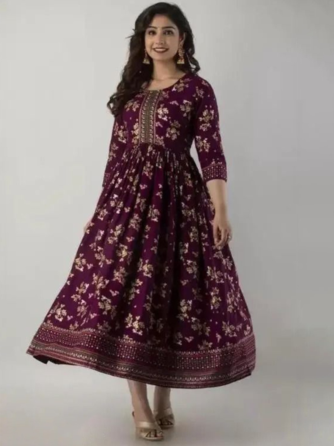 

TROPWEAR Floral Printed Round Neck Maternity Fit And Flare Ethnic Dresses, Purple