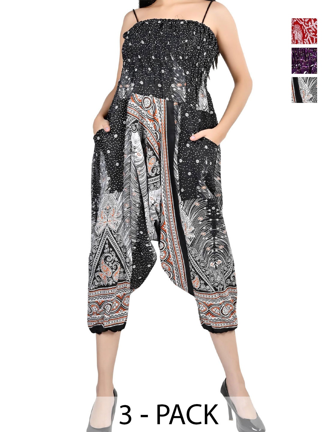 

NarNari Women Pack Of 3 Printed Mid-Rise Harem Pants, Black