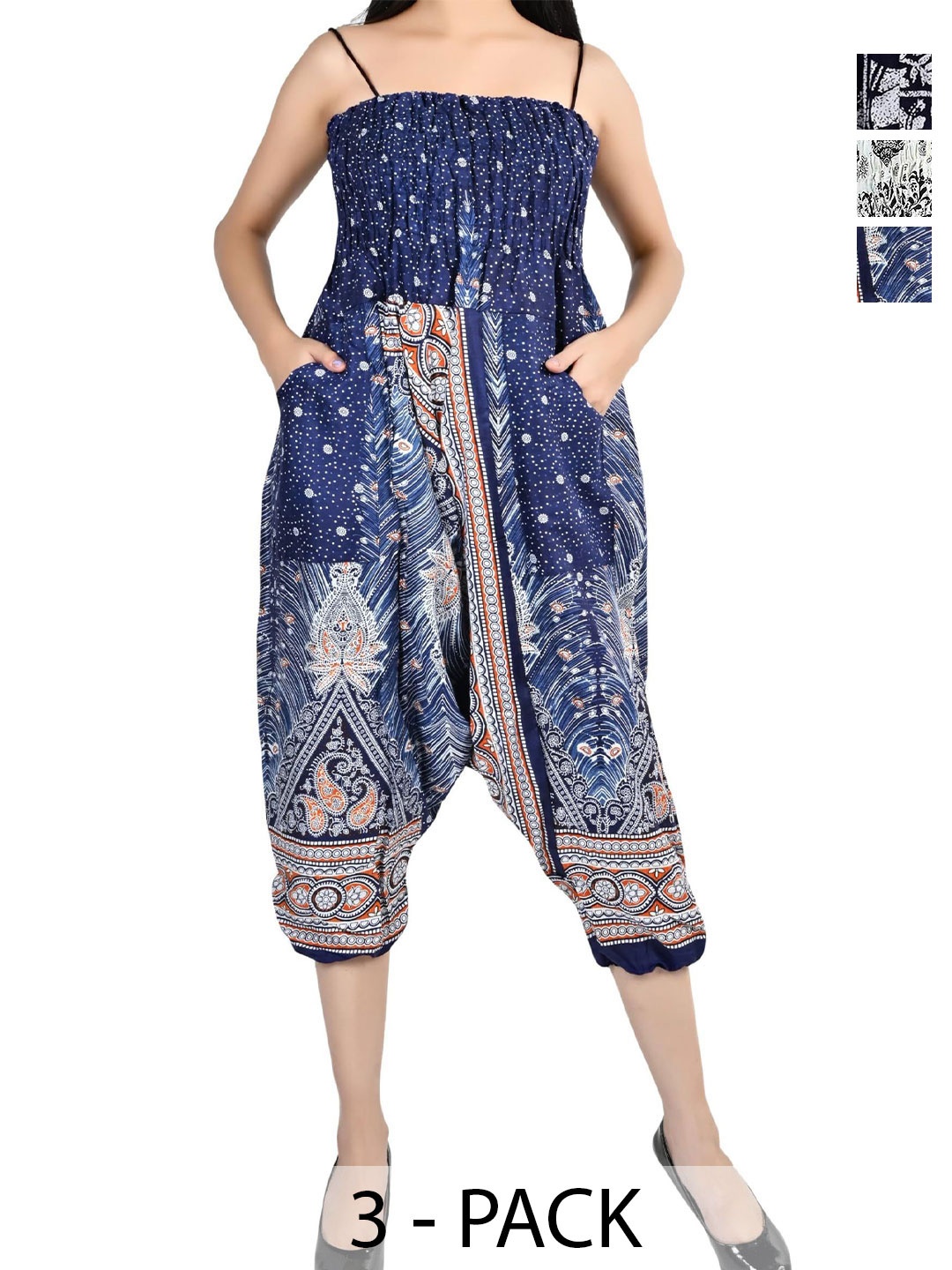 

NarNari Women Pack Of 3 Printed Loose Fit Harem Pants, Blue