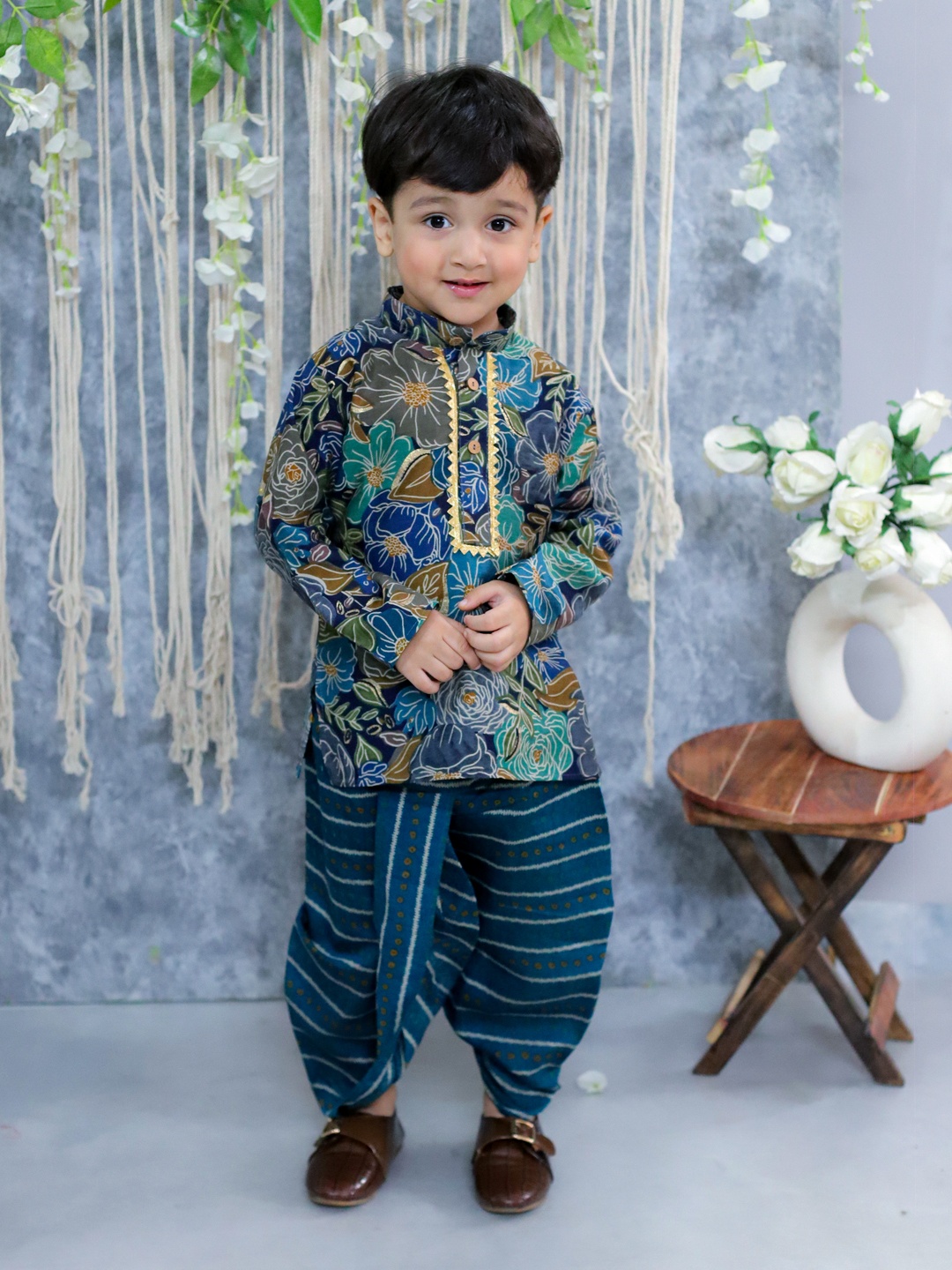 

BownBee Boys Floral Printed Regular Mirror Work Kurta with Dhoti Pants, Blue