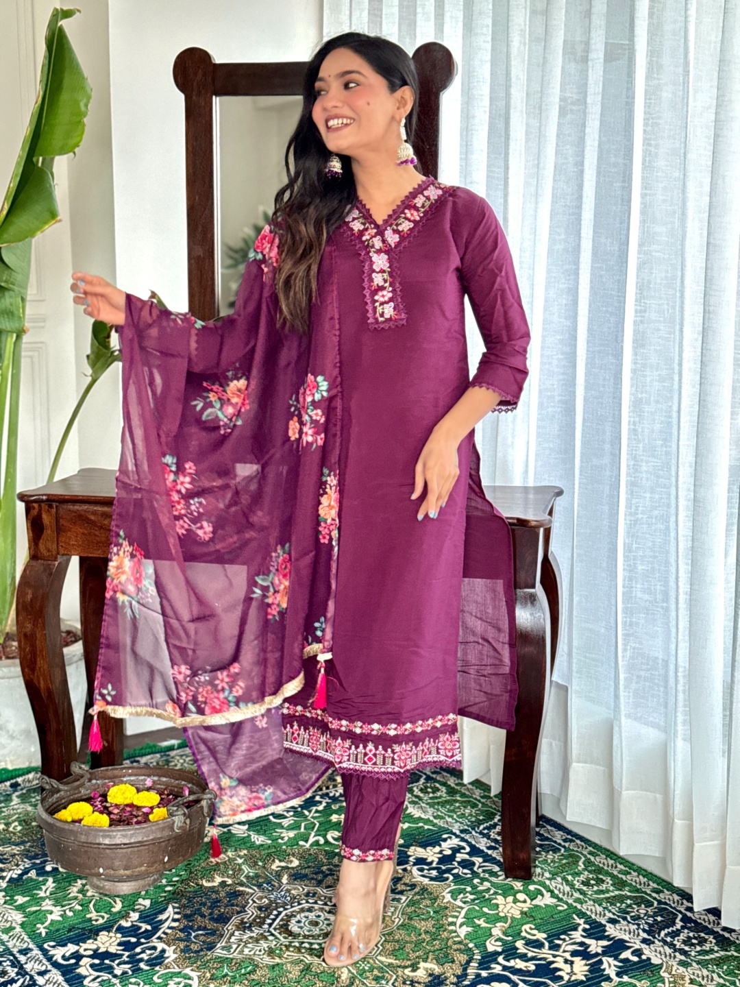 

Moda Rapido Women Ethnic Motifs Embroidered Regular Thread Work Chanderi Silk Kurta with Trousers & With, Purple