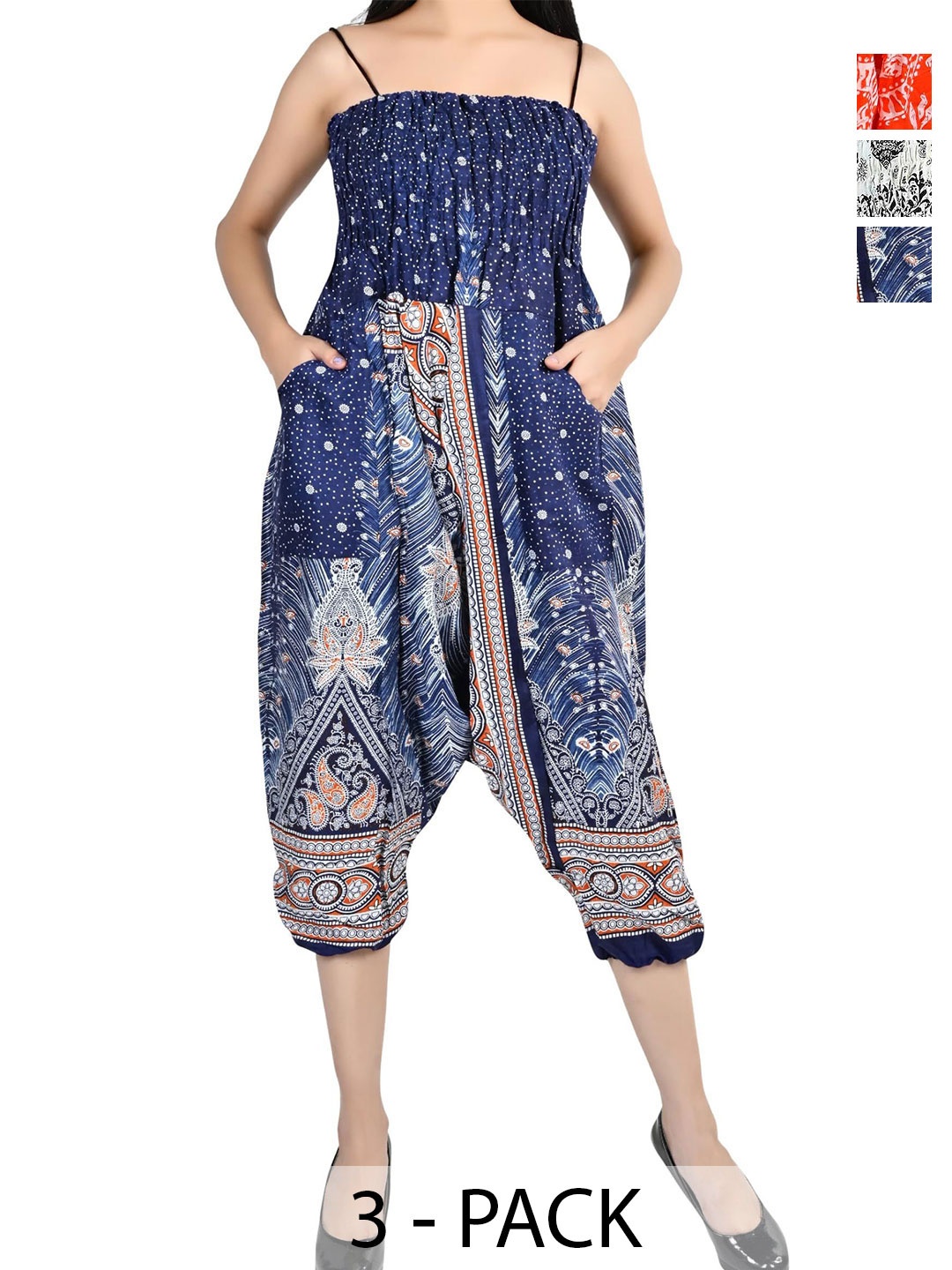 

NarNari Women Pack Of 3 Printed Mid-Rise Harem Pants, Blue