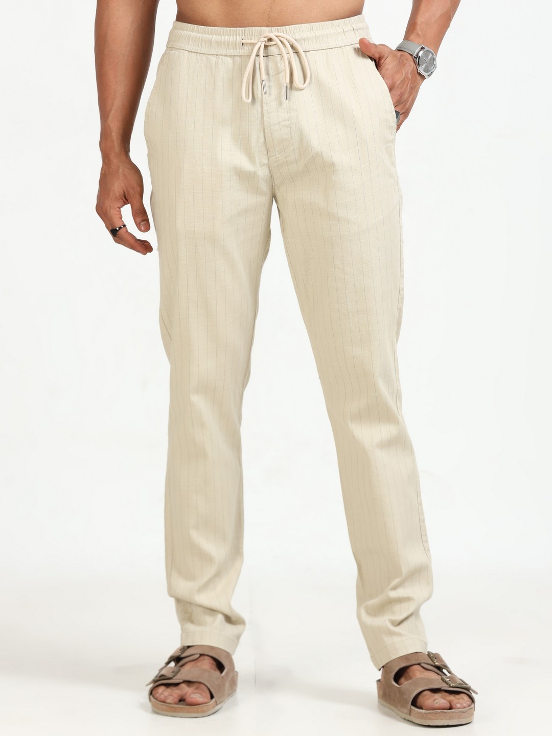 

NEVER NEUD Men Relaxed Air Linen Summer Stripes Trousers, Beige