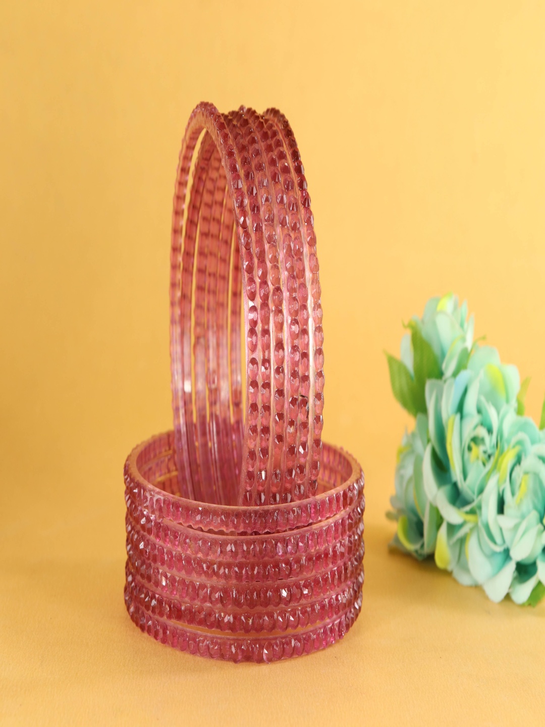 

LAVAZZA Set Of 12 Textured Crystal Studded Bangles, Pink