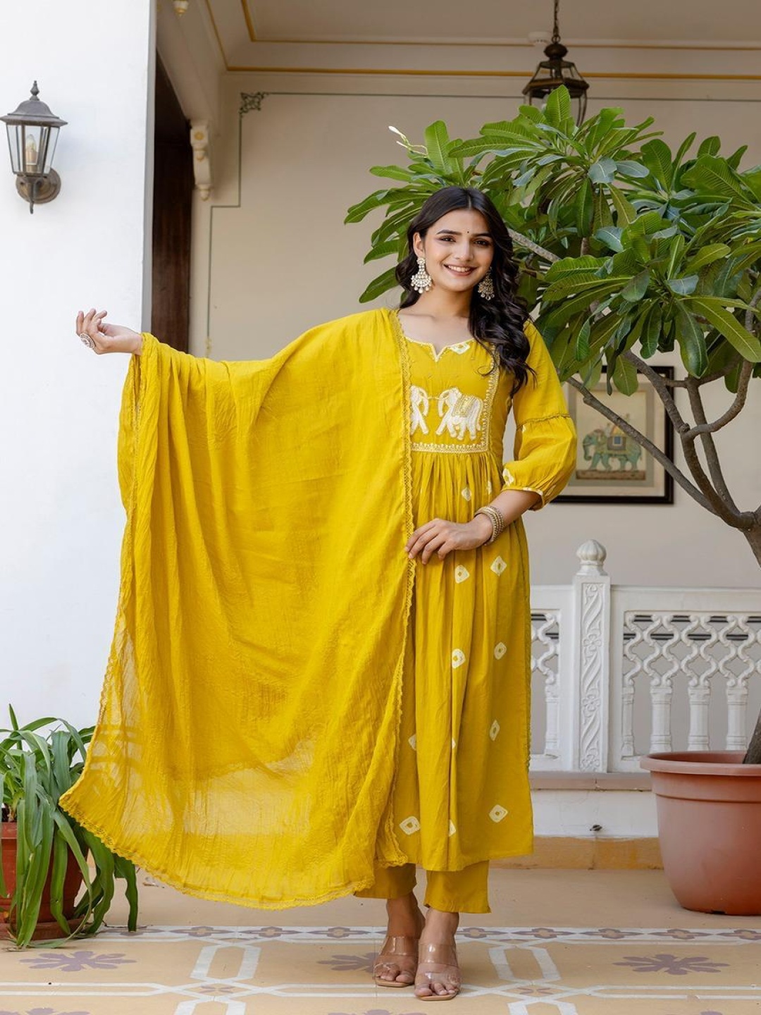 

RAABA Bandhani Printed Sequnnied Pure Cotton Anarkali Kurta With Trousers With Dupatta, Yellow
