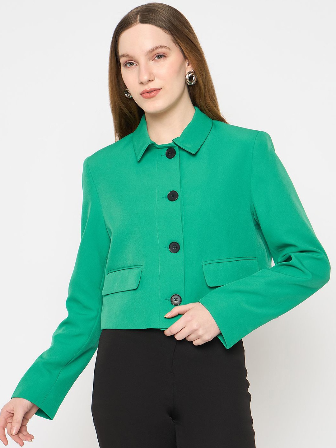 

Madame Shirt Collar Neck Single-Breasted Overcoat, Green