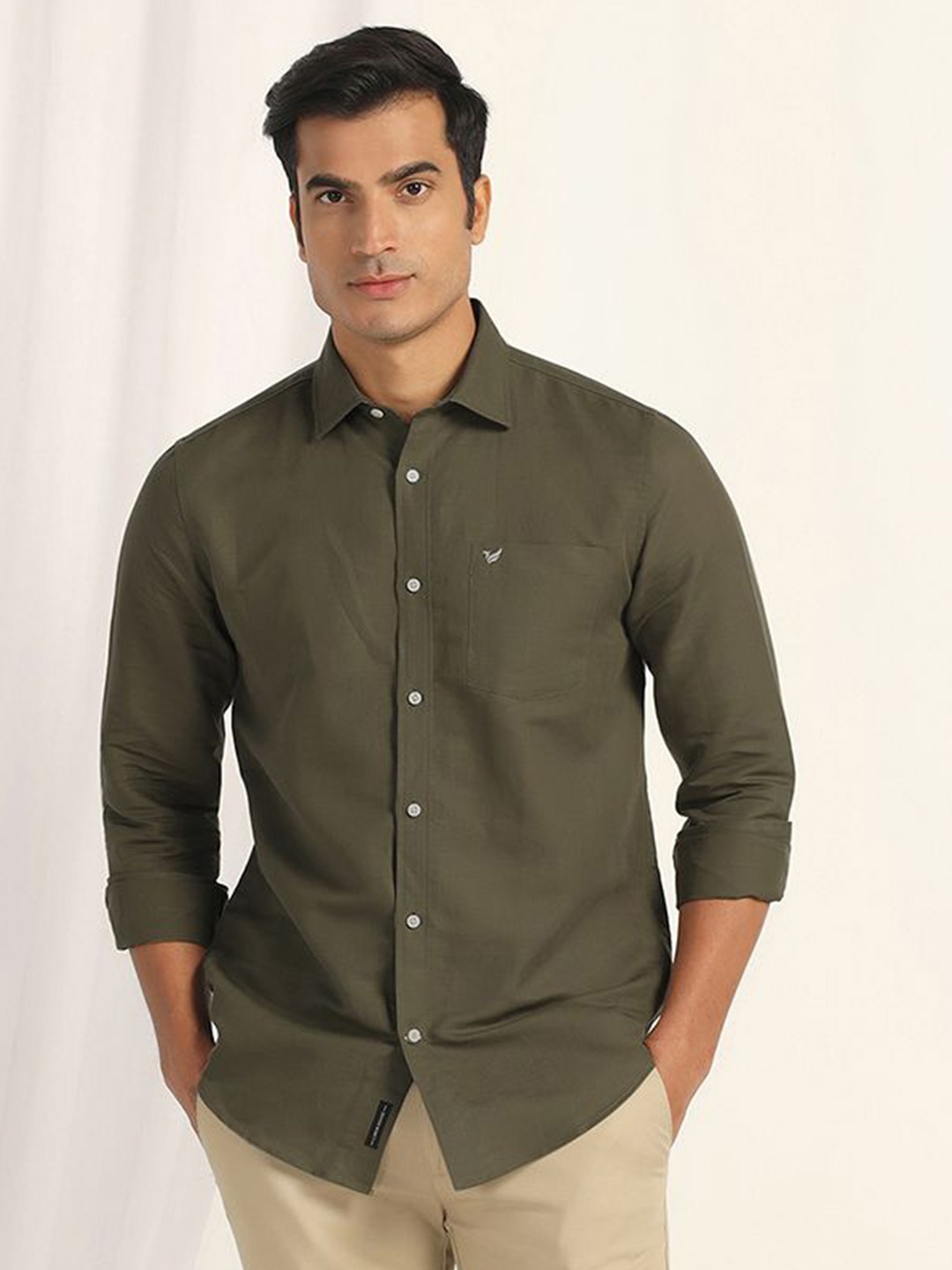 

Blackberrys Men India Slim Fit Spread Collar Solid Linen Casual Shirt, Olive