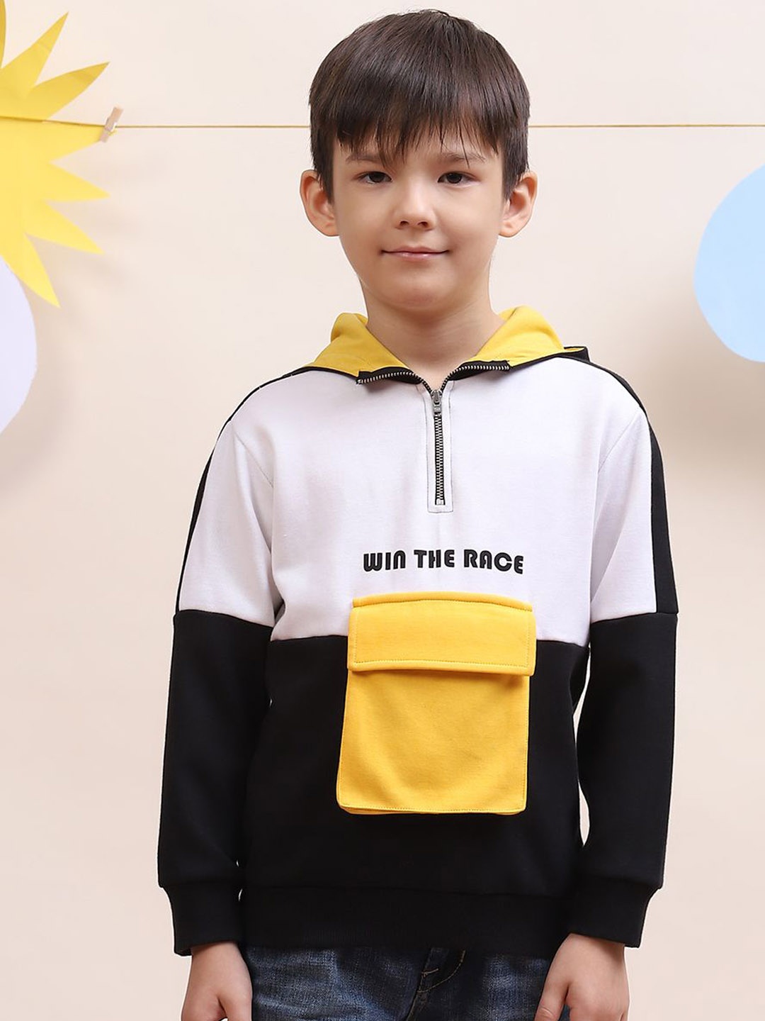 

SPUNKIES Boys Hooded Colourblocked Cotton Casual Sweatshirt, Black