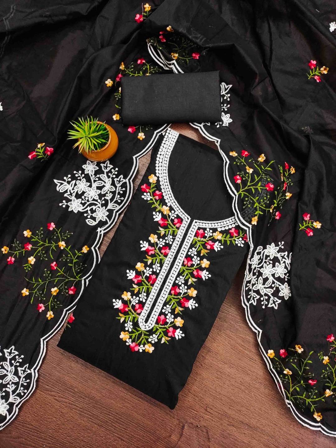 

KALINI Embroidered Unstitched Dress Material, Black