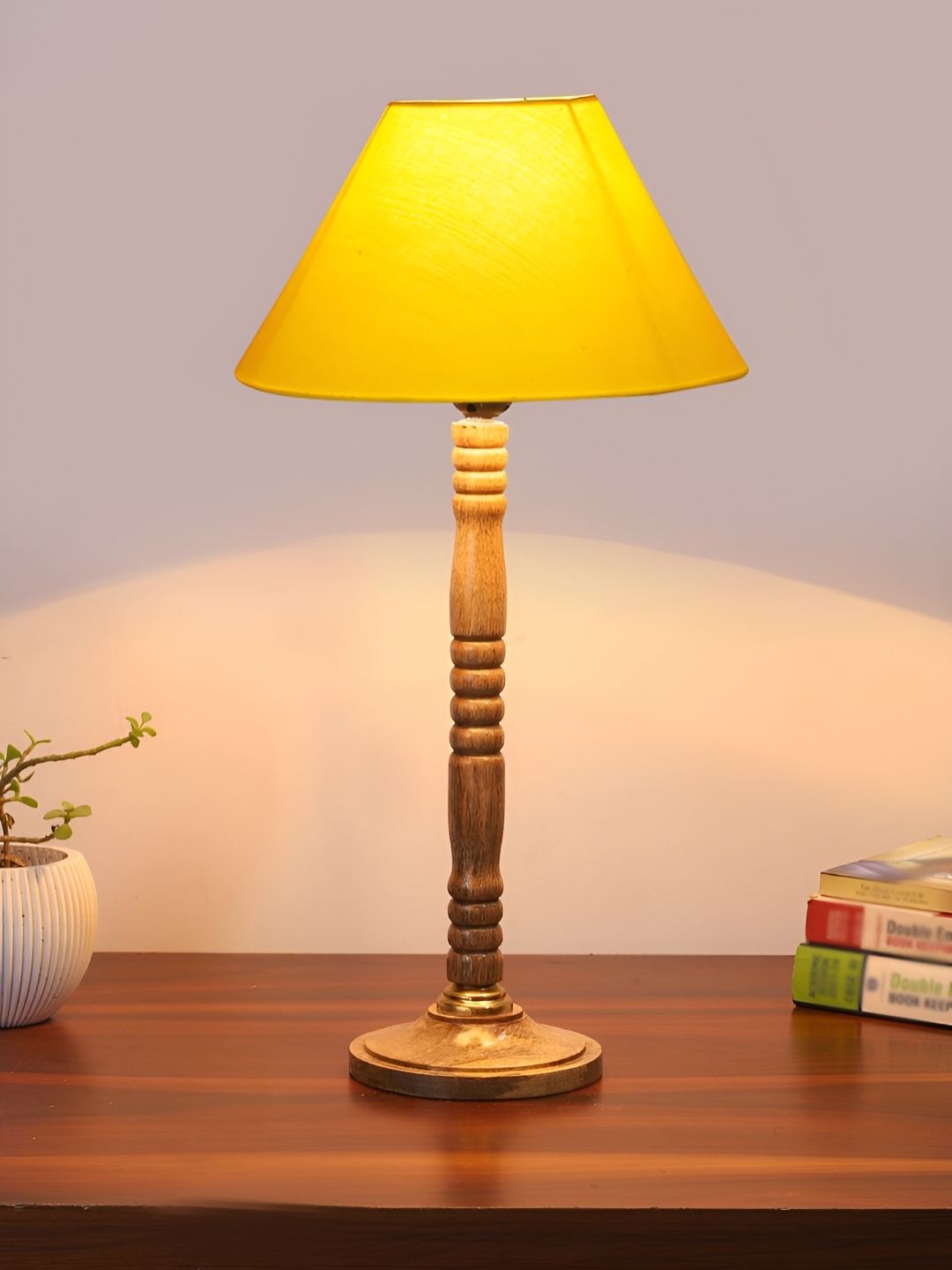 

Devansh Yellow Frustum Shaped Wooden Table Lamp