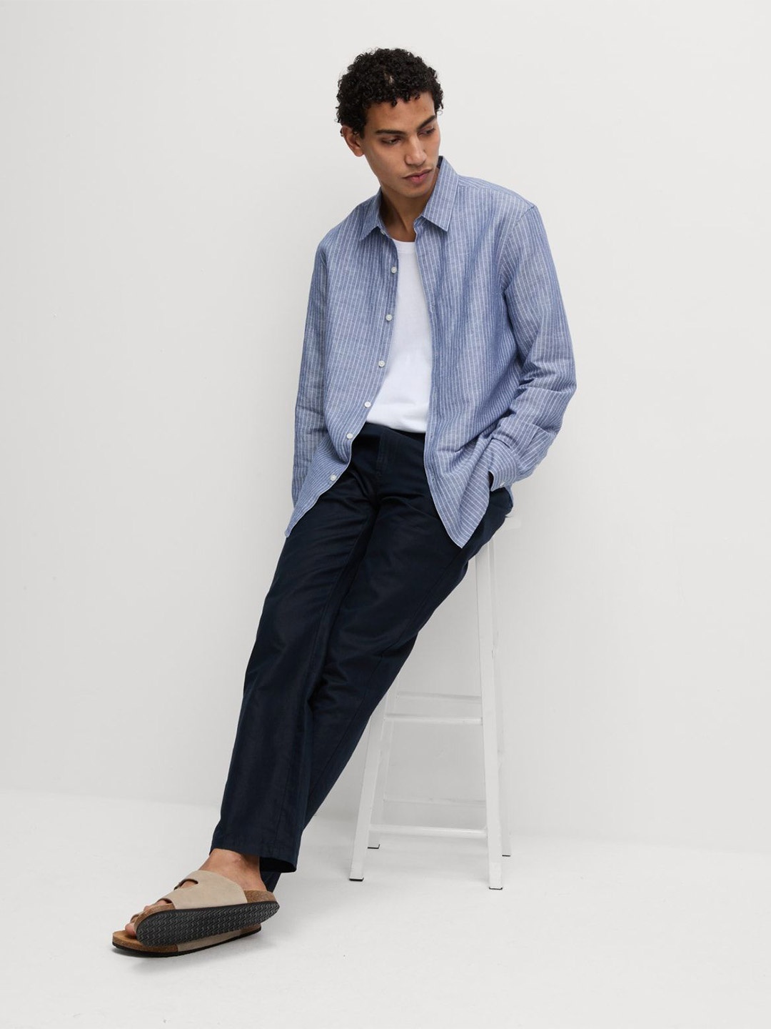 

Marks & Spencer Men Spread Collar Vertical Striped Linen Casual Shirt, Blue