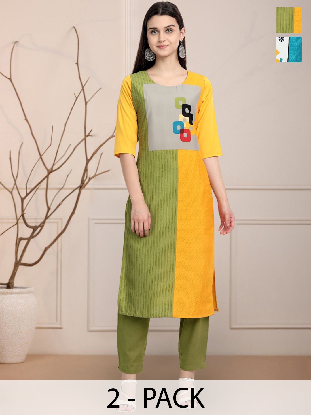 

Moda Rapido Green & Yellow Selection Of 2 Colourblocked Round Neck Straight Kurtas