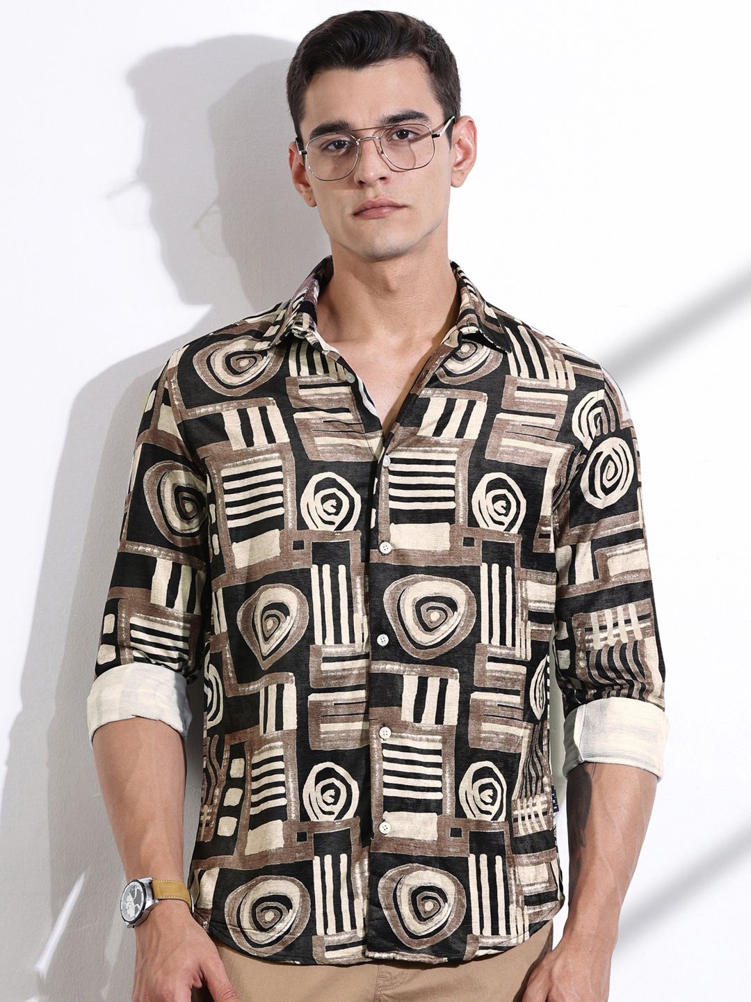 

Thomas Scott Men Classic Slim Fit Opaque Printed Casual Shirt, Brown