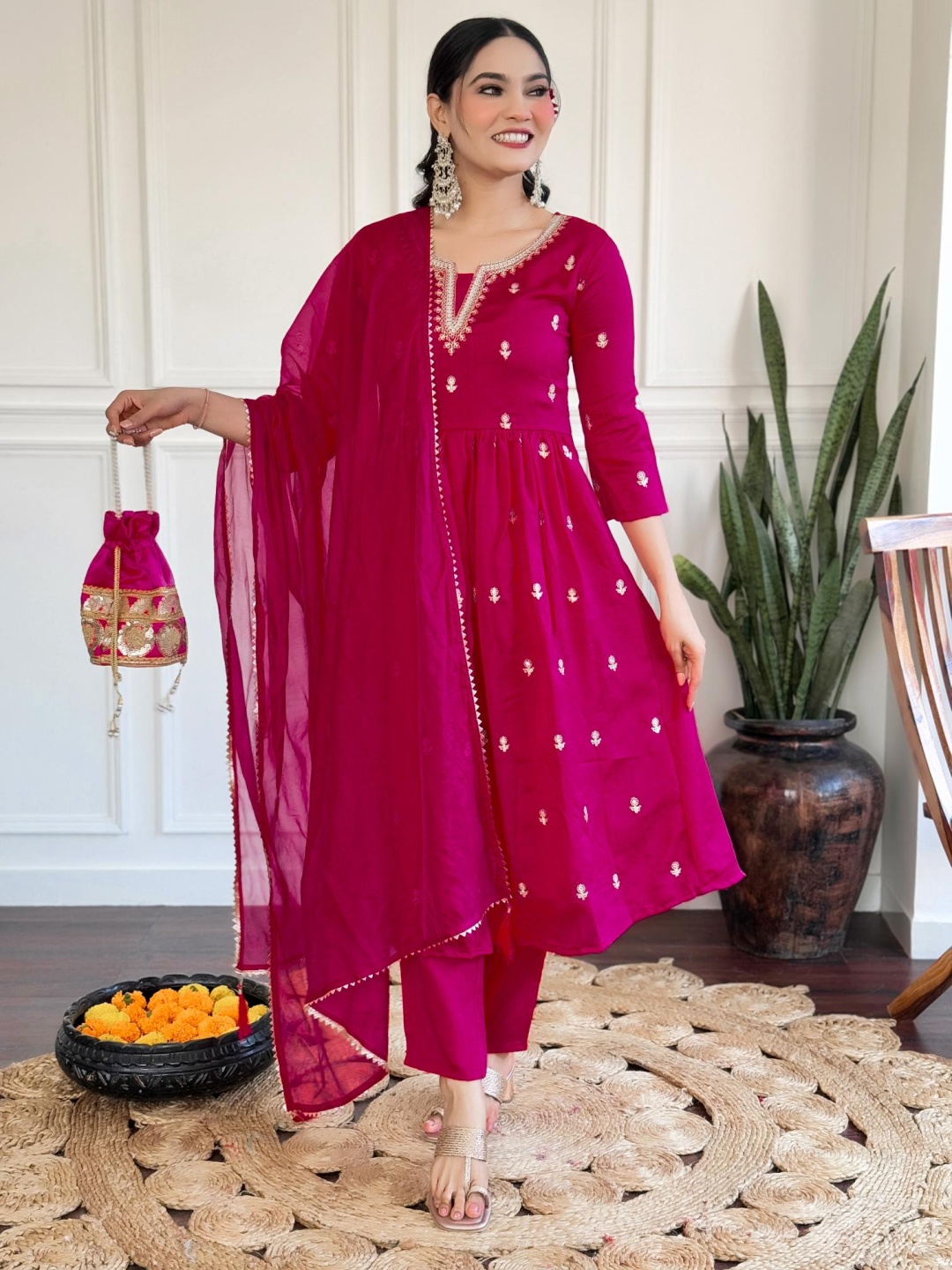 

Moda Rapido Ethnic Motifs Embroidered Notch Neck Anarkali Kurta With Trousers & Dupatta, Pink