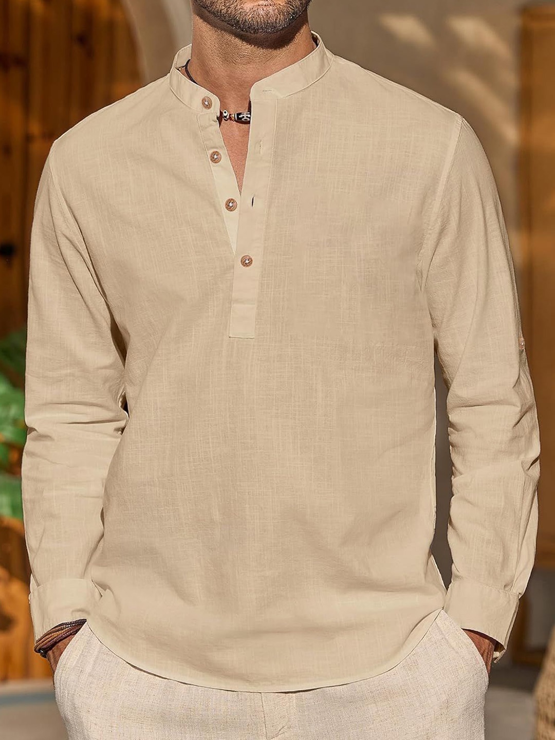 

Vida Loca Band Collar Cotton Straight Kurta, Beige
