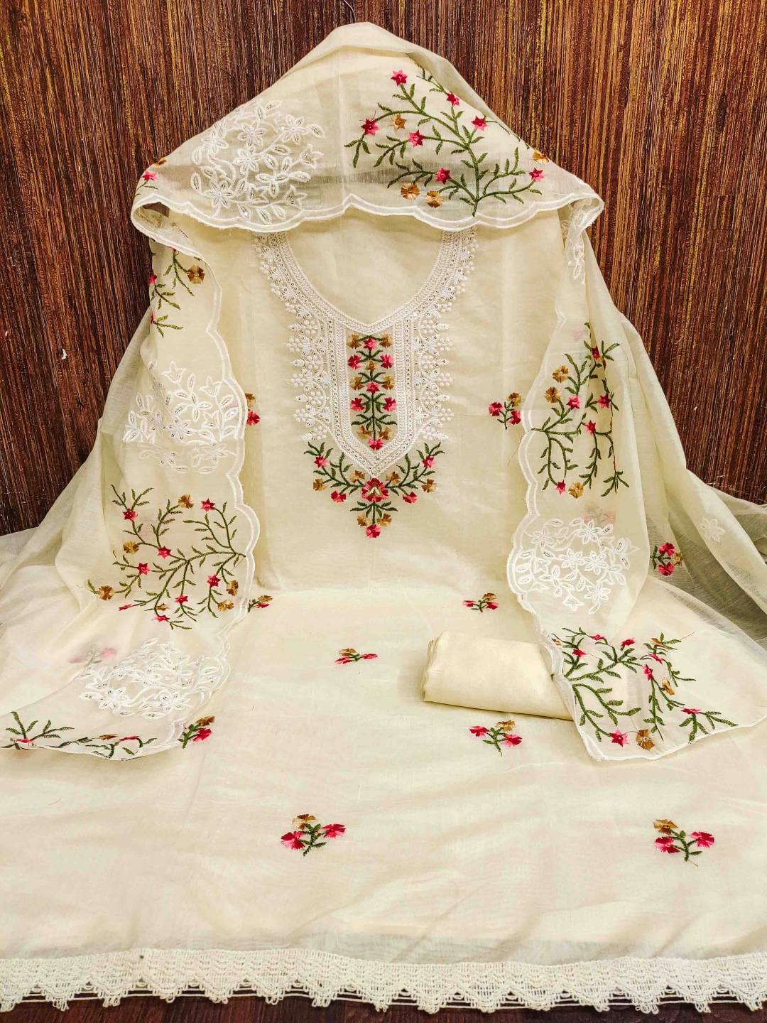

KALINI Embroidered Unstitched Dress Material, Cream