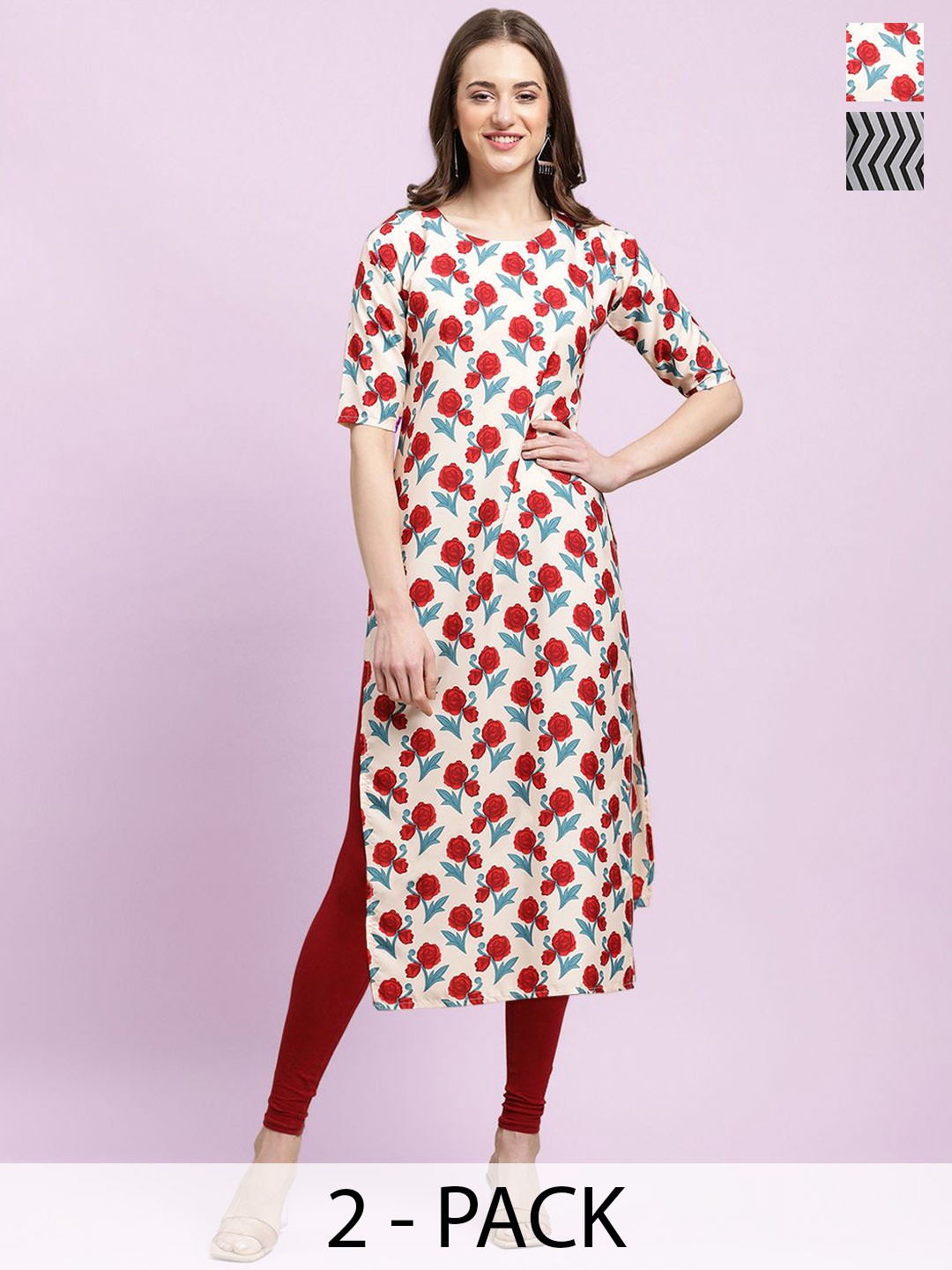 

Moda Rapido White & Grey Selection of 2 Floral Printed Straight Kurtas