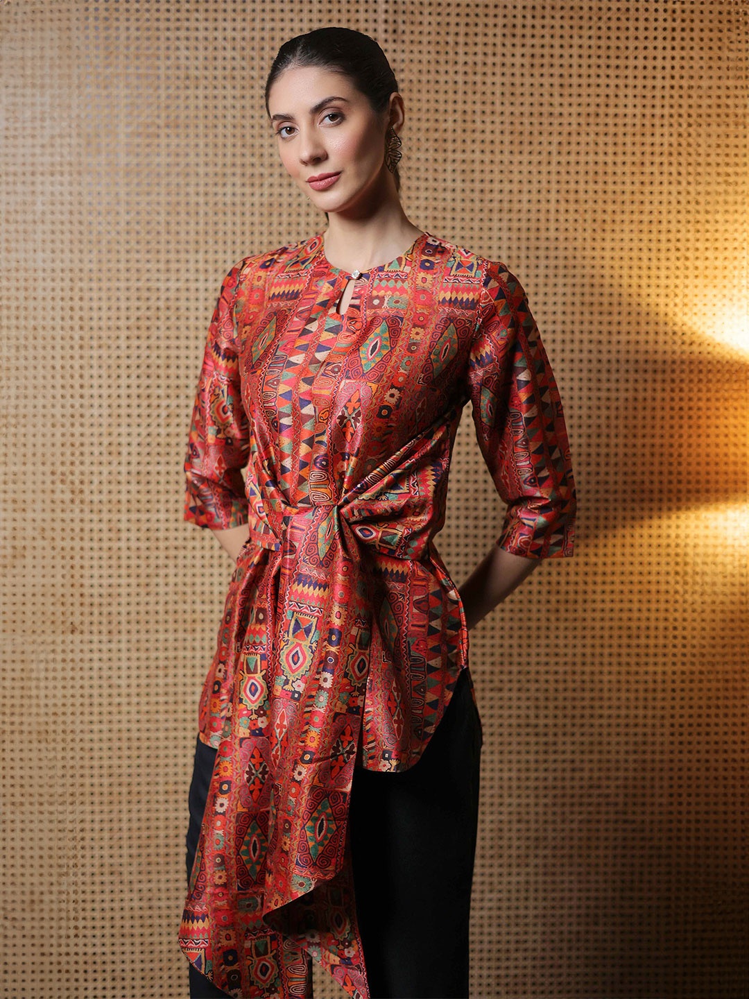 

BEOM Print Mandarin Collar Shirt Style Longline Top, Rust