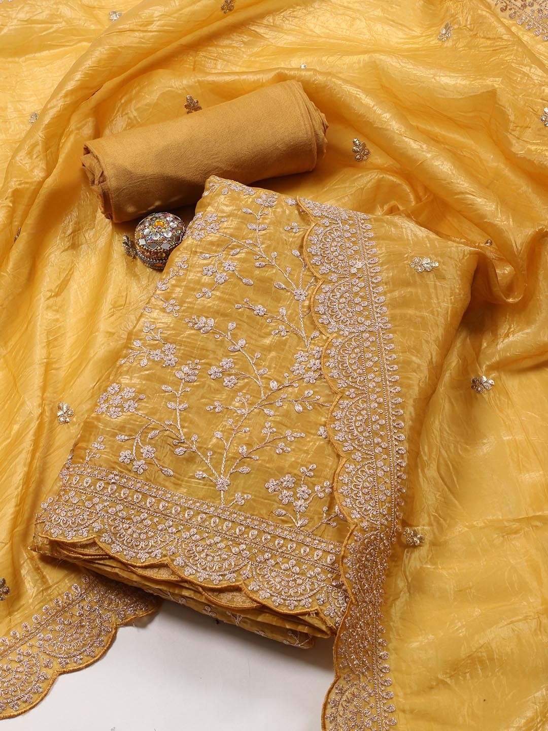 

Meena Bazaar Embroidered Organza Unstitched Dress Material, Mustard