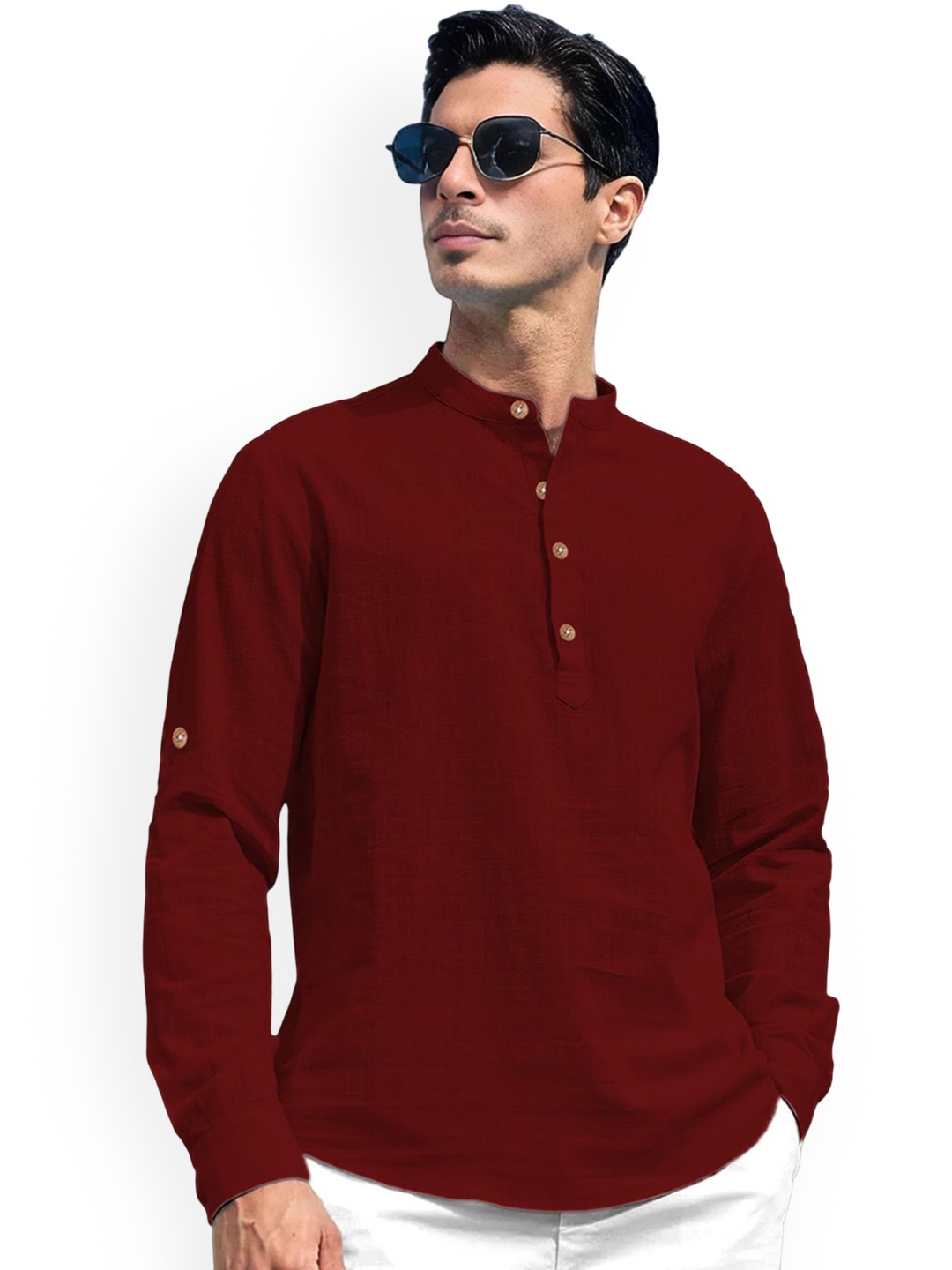 

Vida Loca Band Collar Cotton Straight Slim Fit Short Kurta, Maroon