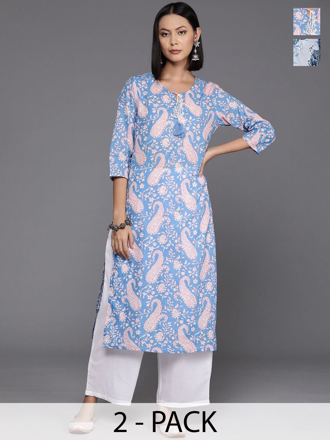 

Varanga Women Floral Printed Sequinned Kurta, Blue